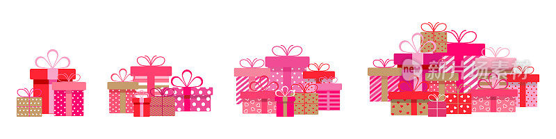 一套带有丝带和蝴蝶结的情人节礼盒。一堆粉红色的礼品盒。用彩带包装。礼品盒以扁平的方式堆叠。节日献上一颗爱心。
