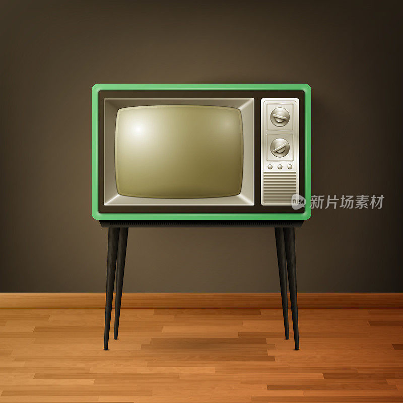 矢量3d现实复古电视接收器上的木地板。家居室内设计概念。老式电视机，电视，前视图