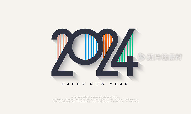 2024年现代新年快乐设计。带有彩色条纹的数字。为问候和庆祝2024年新年快乐的高级矢量设计。