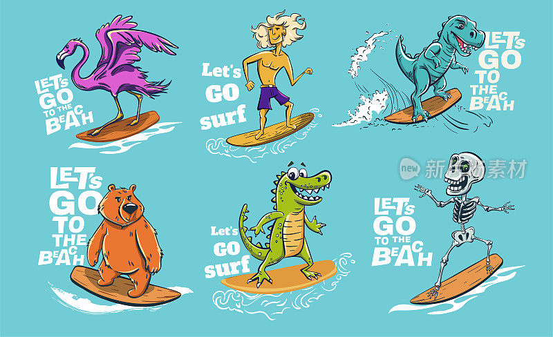 动物冲浪夏天t恤印花。野生熊，恐龙，鳄鱼和火烈鸟骑在冲浪板上