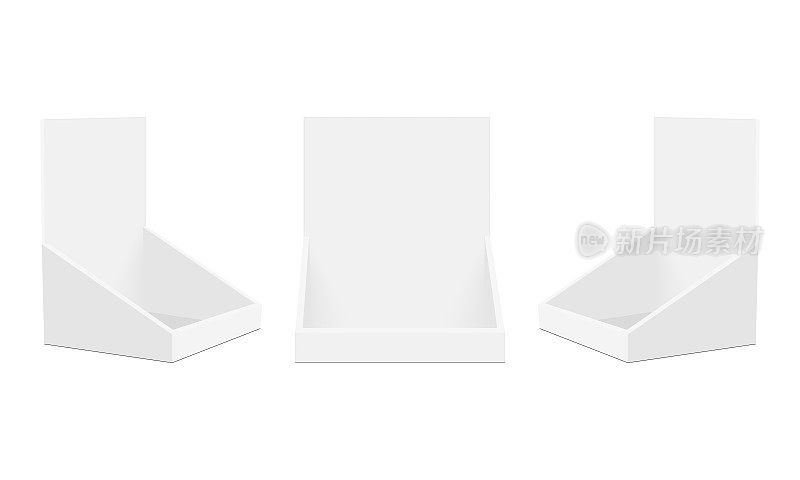 一套纸板展示盒，正面和侧面视图