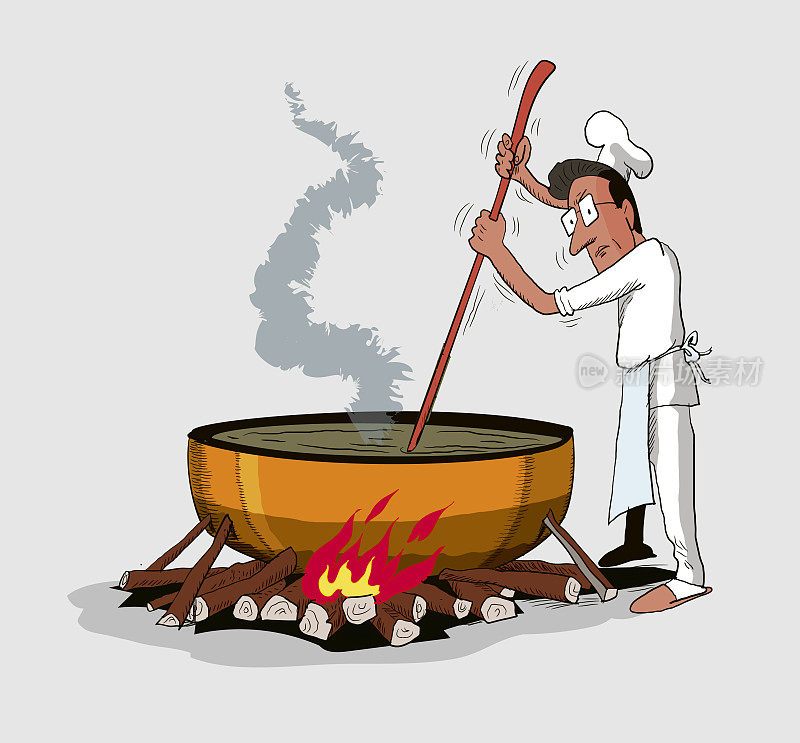厨师在柴火上搅拌大锅
