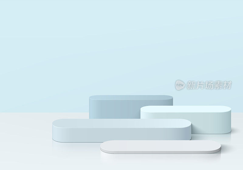 步骤集3D逼真的白色和蓝色圆形基座基座背景。抽象矢量几何平台。墙面最小场景，舞台展示的空模型产品，横幅推广展示。