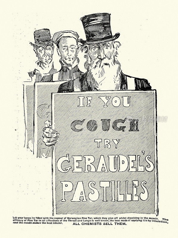 Geraudel止咳糖的老广告，男人拿着三明治广告牌，19世纪90年代