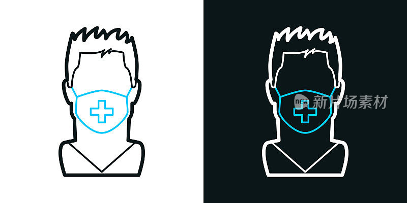 戴医用面罩的男子黑色或白色背景上的双色线条图标-可编辑笔触