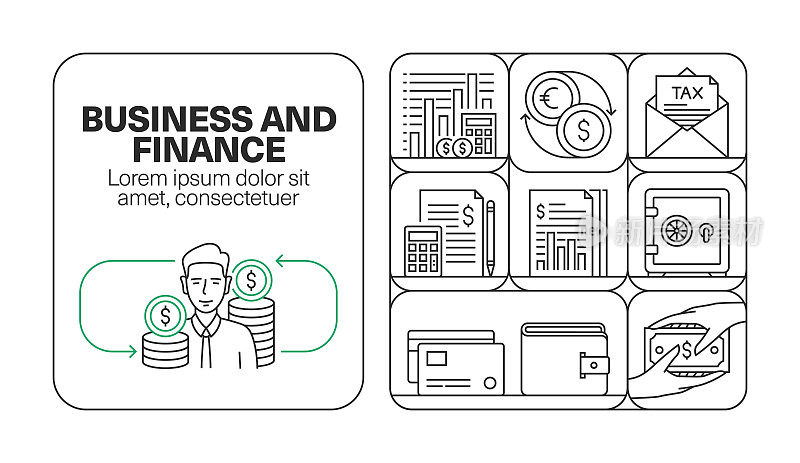商业和金融横幅线图标集设计