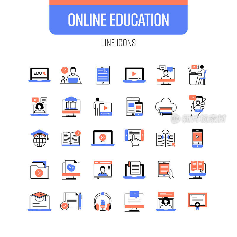 在线教育线图标集。计算机，互联网，教学，网络研讨会，教程。
