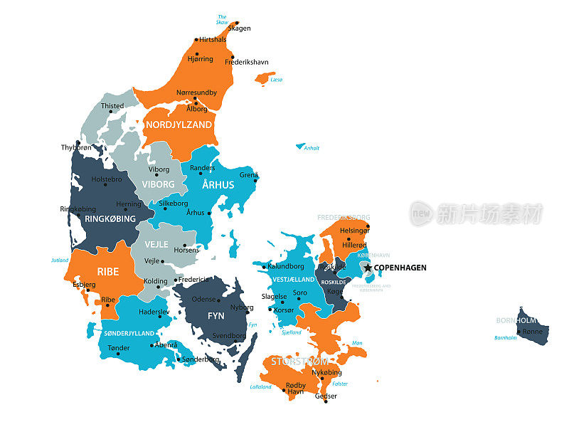 丹麦地图。矢量彩色丹麦地图