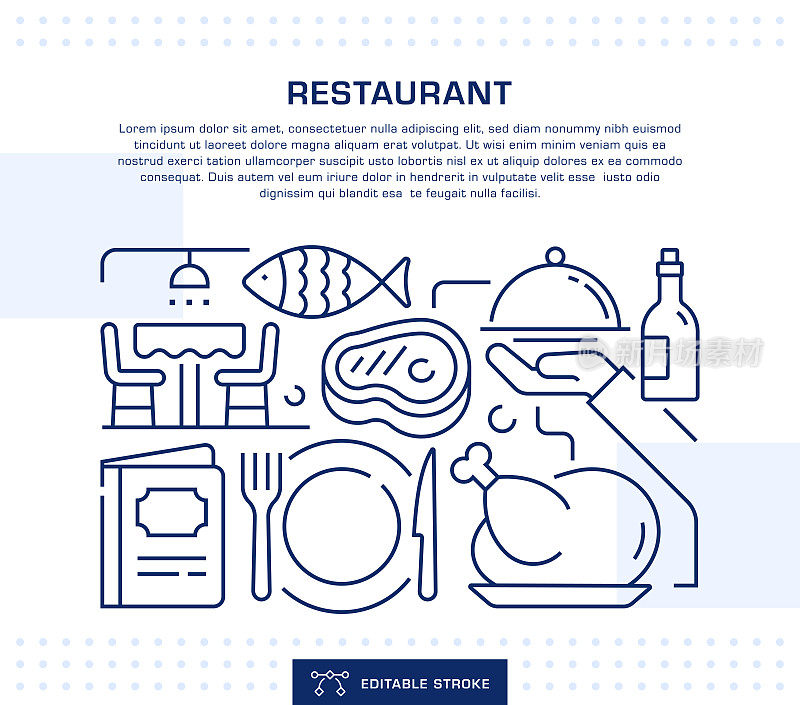 餐厅标题，网页横幅模板。可编辑的细线插图