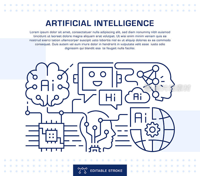 人工智能标题，网页横幅模板。可编辑的细线插图