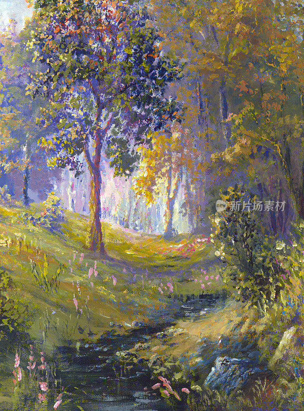 阳光明媚的一天，小溪在秋天的森林里画画