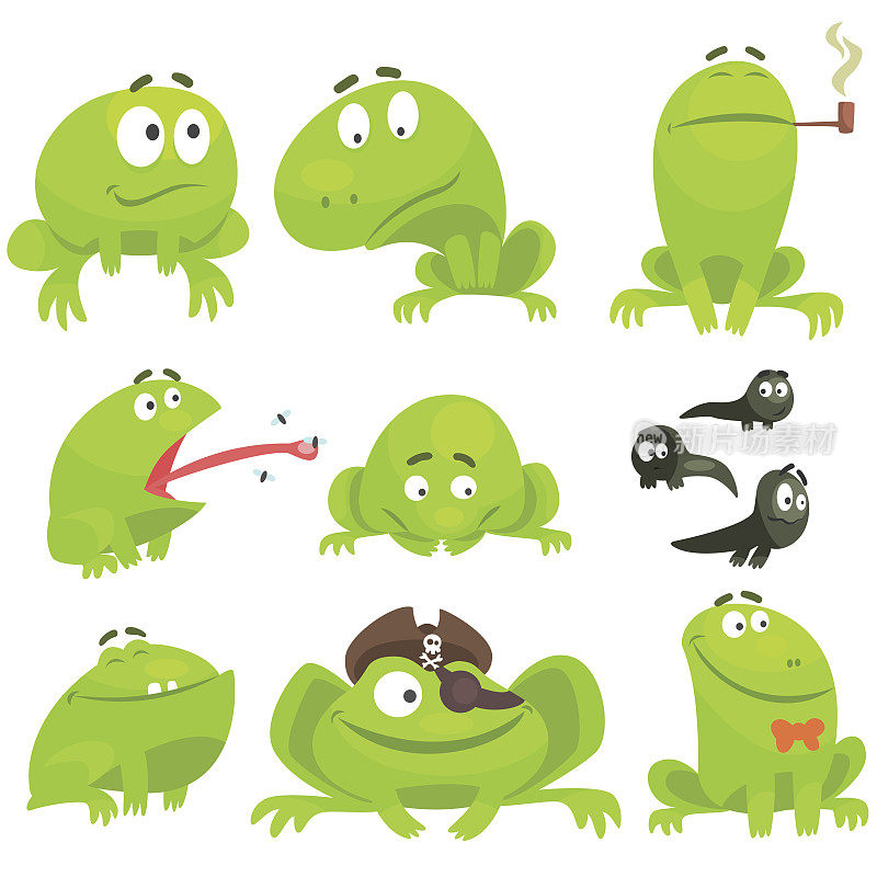 绿色青蛙的不同情绪有趣的角色集