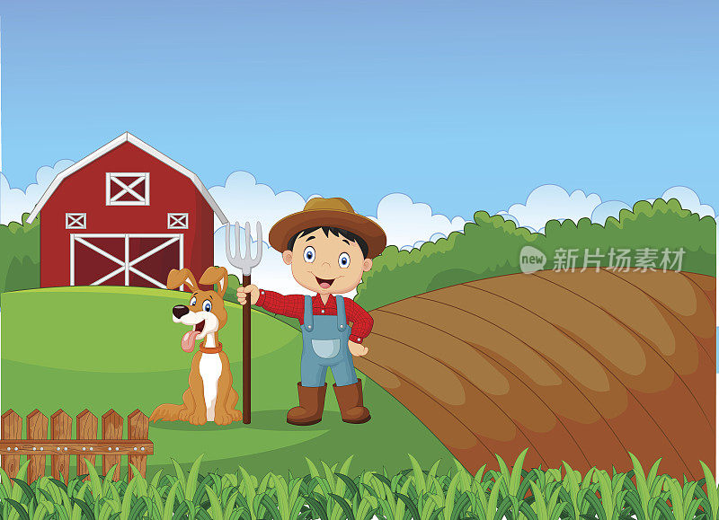卡通小农夫和他的狗与农场背景