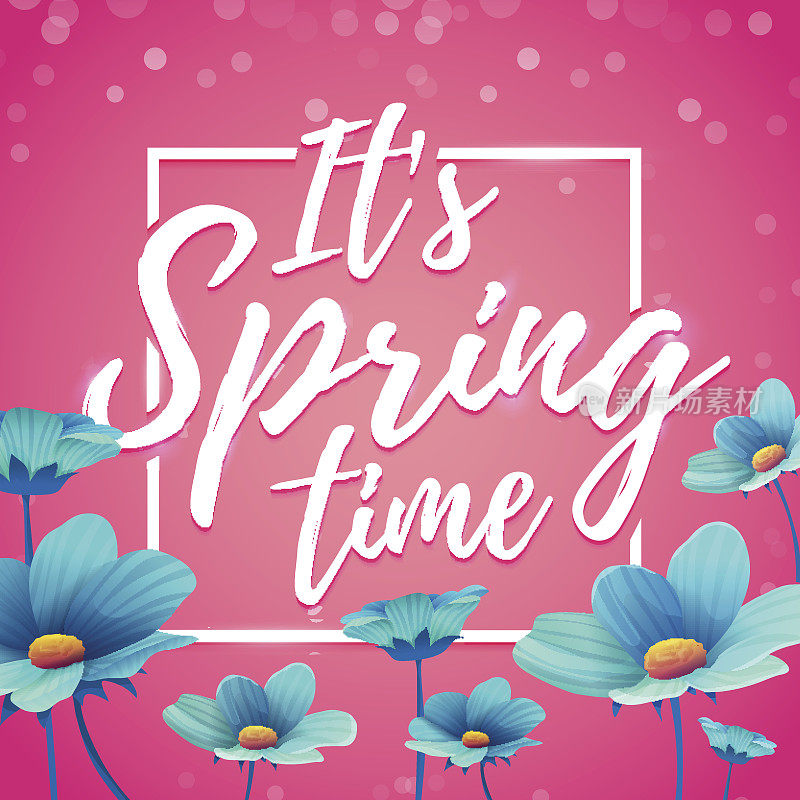 设计横幅现在是春天。春季传单与方形框架。粉底蓝花装饰的海报。向量