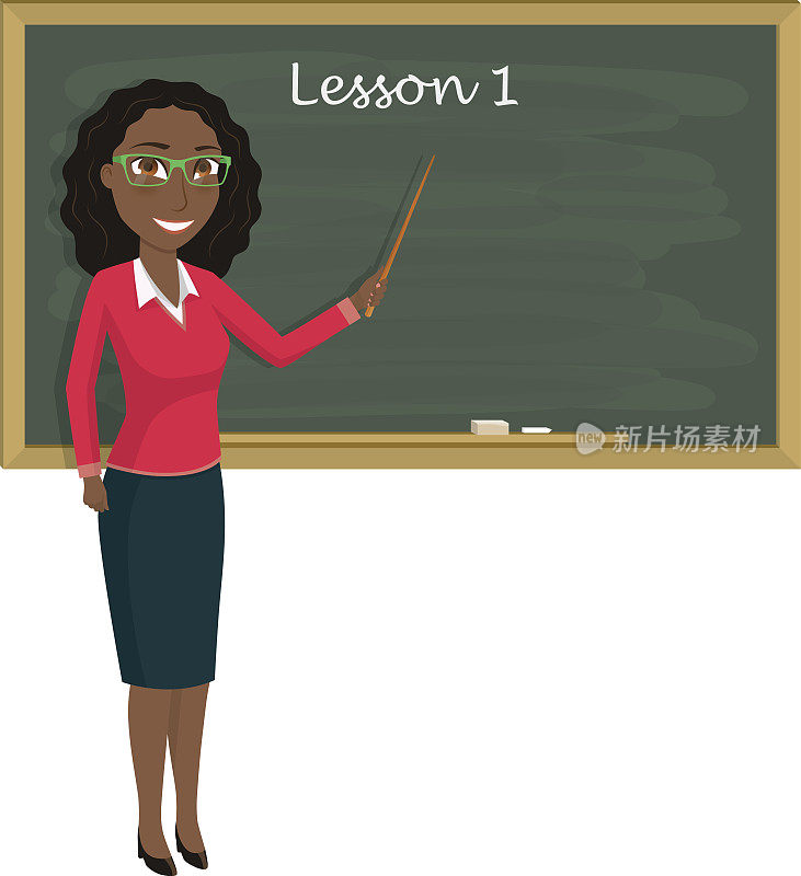 老师在教室上课。年轻的教师在黑板上展示着教鞭。