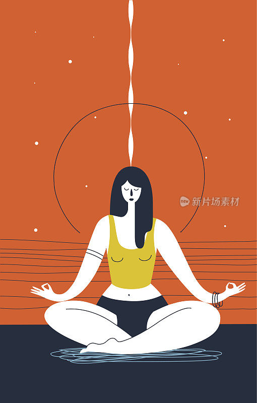 女人闭着眼睛做瑜伽运动，在抽象的橙色背景下冥想。禅宗、宁静和冥想的概念。矢量插图网站，横幅，海报，印刷，明信片。