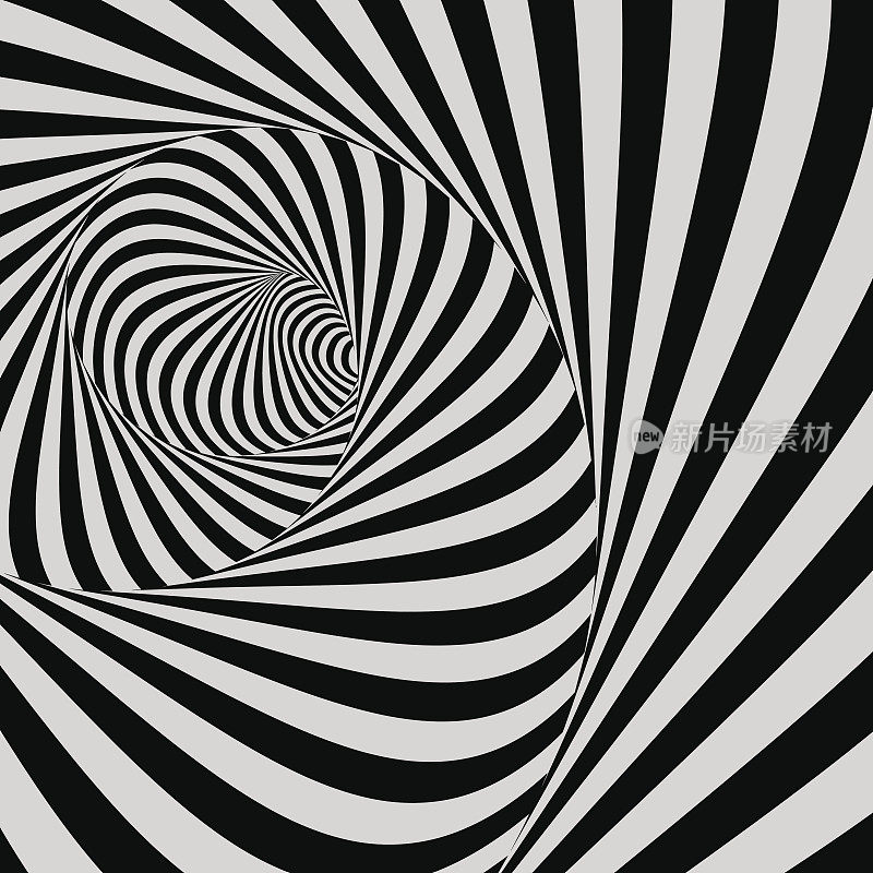 隧道。光学错觉。黑色和白色抽象条纹背景。三维向量。