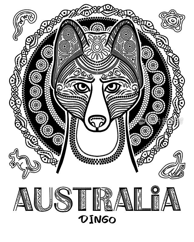 矢量形象的狗，野狗在民族风格。澳大利亚的传统风格