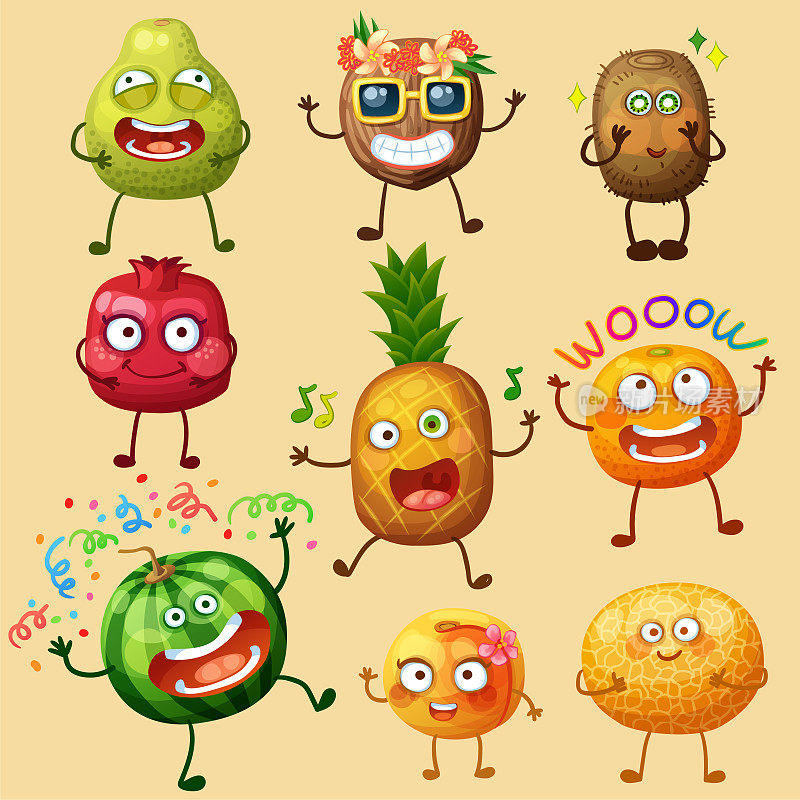 有趣的水果性状孤立在白色背景。emoji快乐的食物。卡通矢量插图:柚子，椰子，猕猴桃，石榴，菠萝，橙子，西瓜，桃子，甜瓜