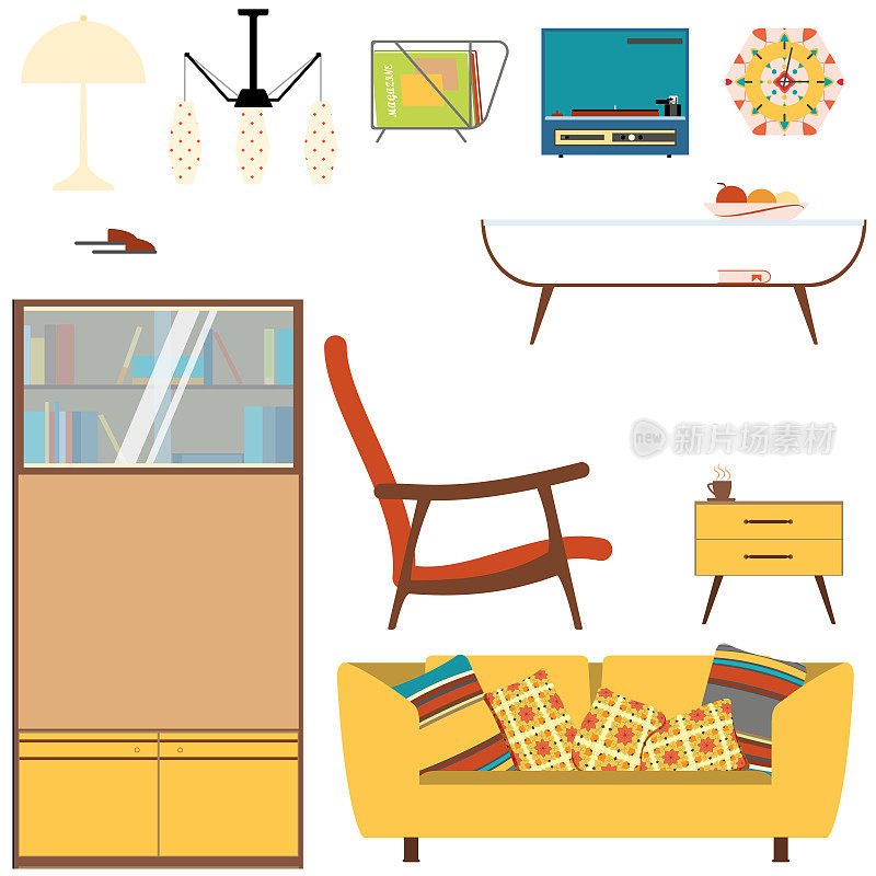 一套70年代风格的黄色沙发、书柜和扶手椅的客厅室内物品。