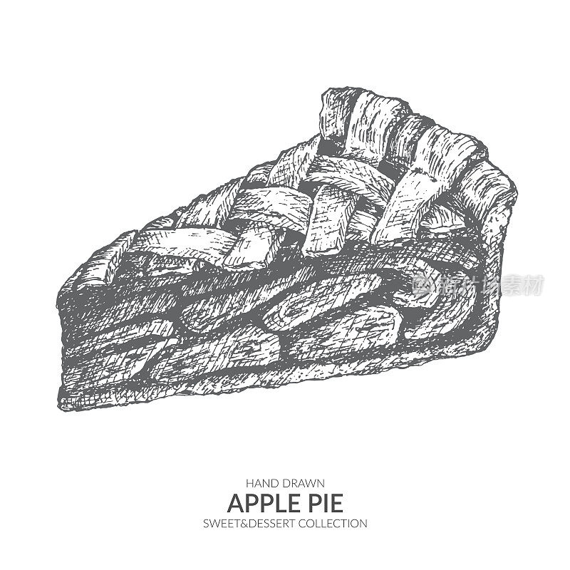 用钢笔和墨水手绘了一个苹果派。复古的黑白插图。甜品矢量元素。