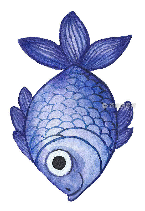 水彩画一条鱼，鱼的颜色是灰色的
