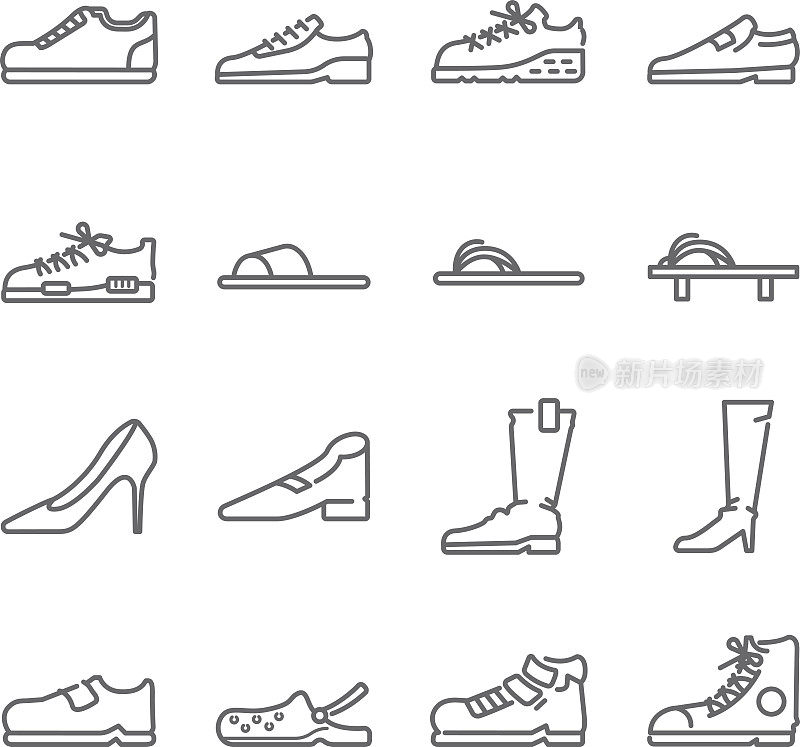 鞋线图标设置。包括凉鞋，鞋子，靴子，运动鞋，拖鞋和更多的图标。