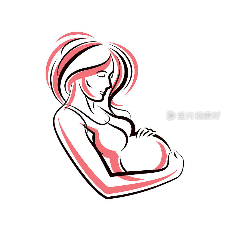 怀孕女性美丽的身体轮廓，准妈妈矢量画插图。幸福和关怀的主题。母亲的一天。