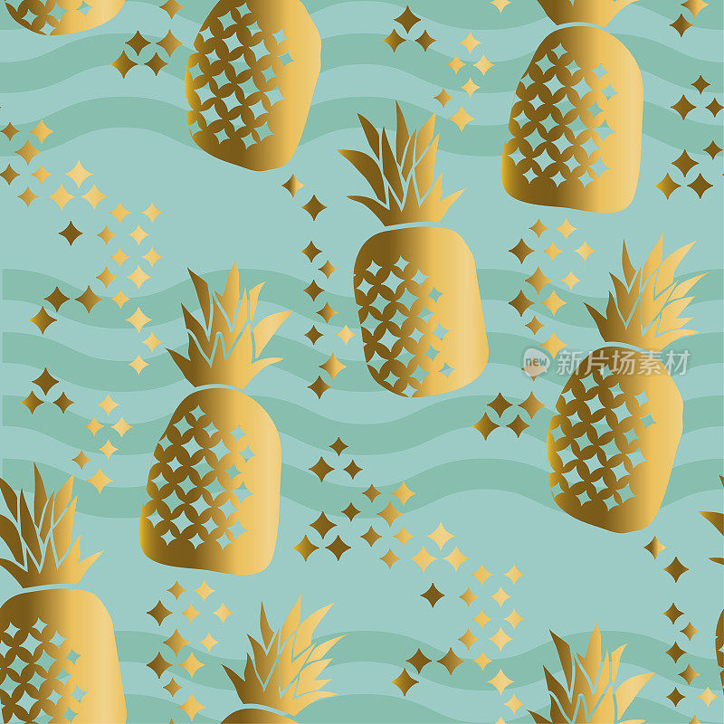 概念金菠萝豪华无缝图案。夏季热带可重复图案的表面设计，背景，织物。