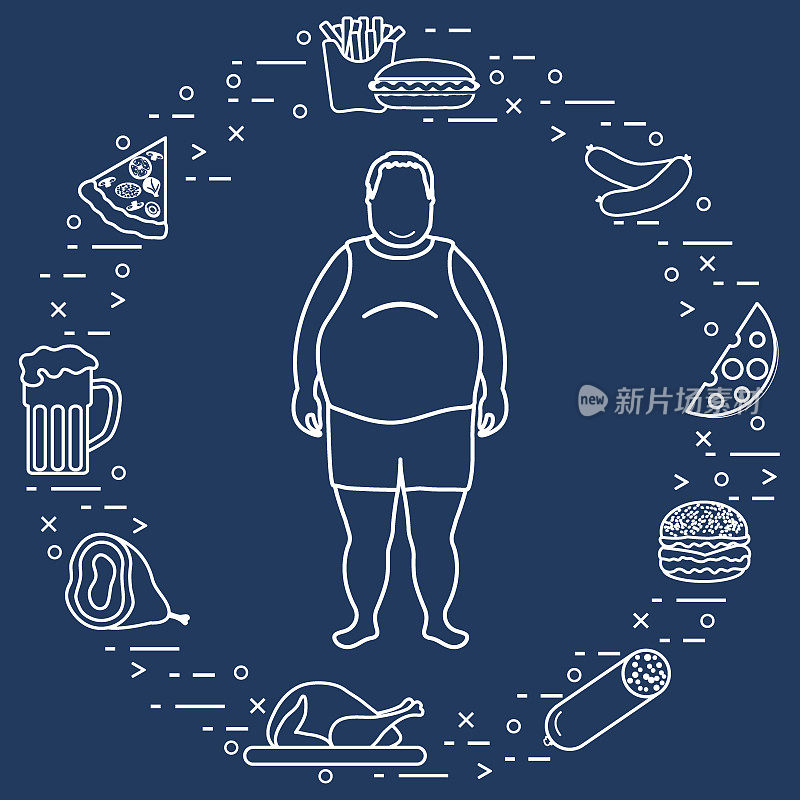 有不健康生活方式标志的胖子。不良的饮食习惯。