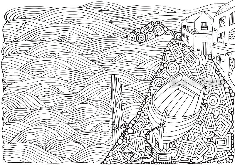 海滨长廊。木船躺在岸边。成人涂色书页在涂鸦风格。黑色和白色。涂鸦。向量。