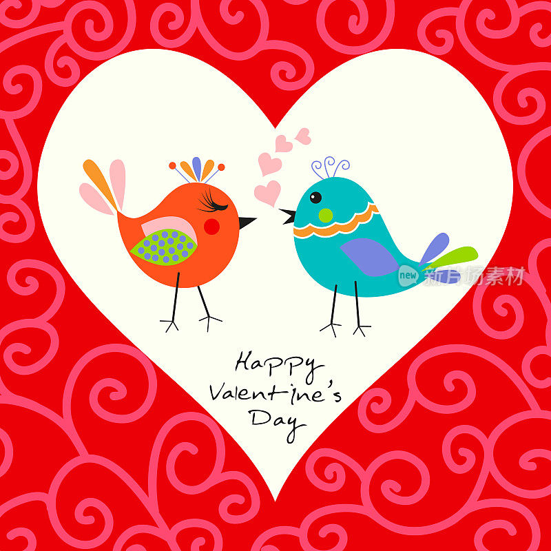 两只快乐可爱的小鸟相爱的心。情人节快乐
