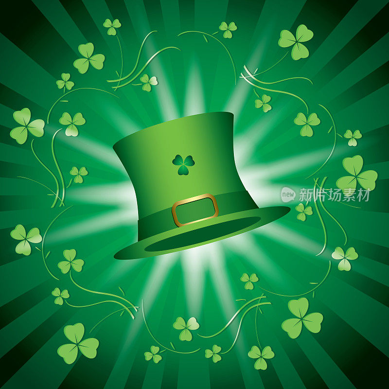 圣帕特里克日-绿色向量闪亮的背景与绿色帽子和光束