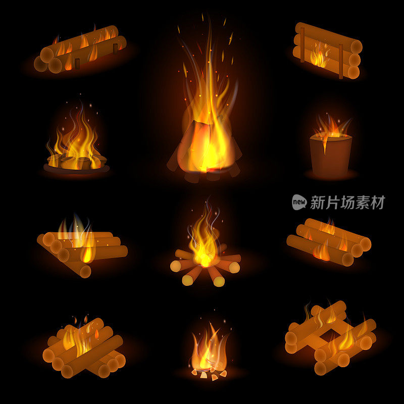 火火焰或柴火矢量燃烧燃烧的篝火在壁炉和可燃篝火插图火焰或火焰设置与野火孤立的透明背景