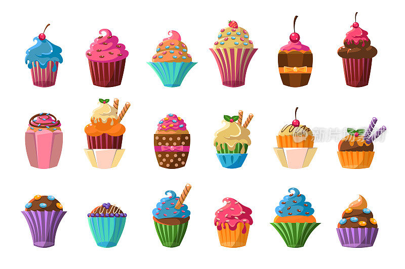 甜纸杯蛋糕大套，奶油糕点装饰华夫饼，糖果，草莓，樱桃，巧克力矢量插图