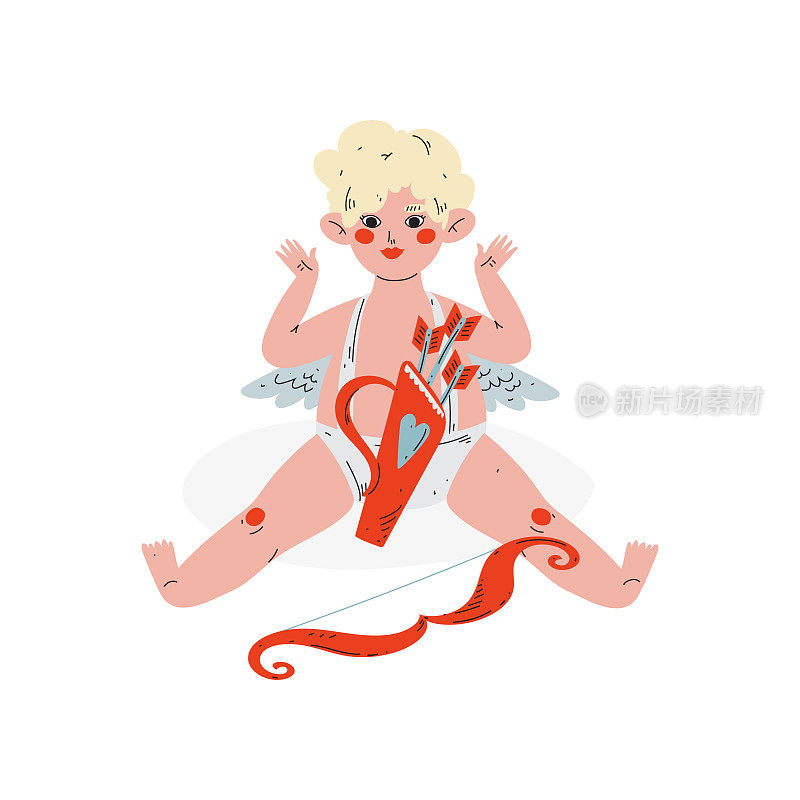 可爱有趣的丘比特箭和弓，黑龙江宝贝天使，快乐的情人节符号矢量插图