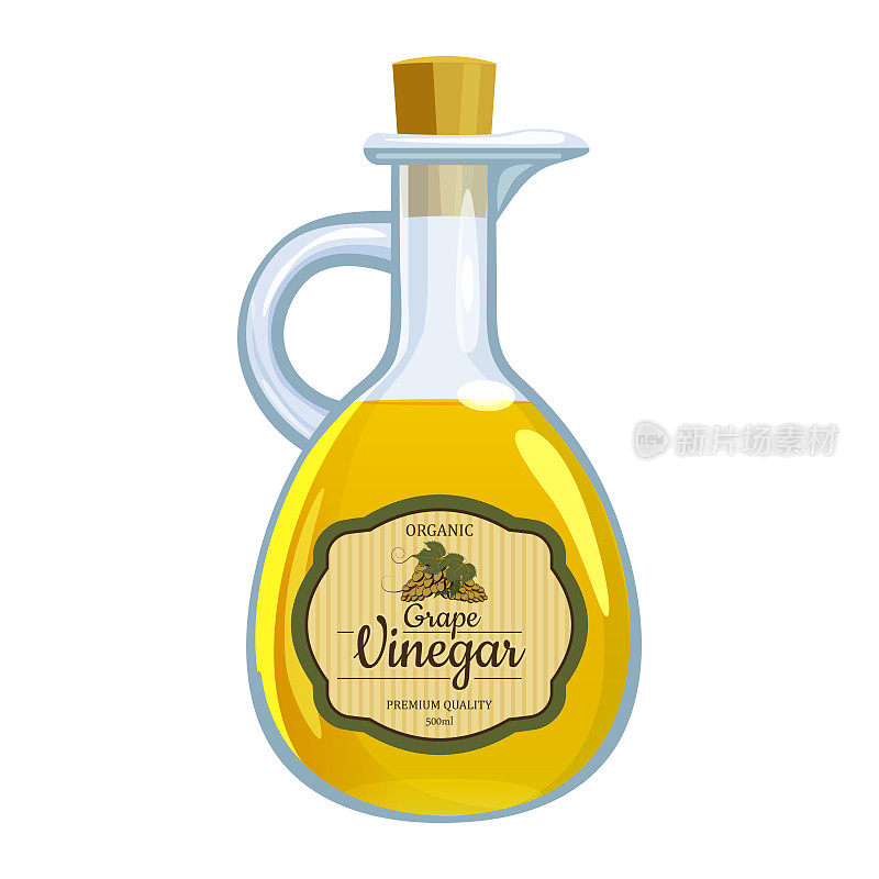 玻璃瓶里的香醋，标签上一串黑葡萄。矢量插图卡通平面风格孤立的白色背景