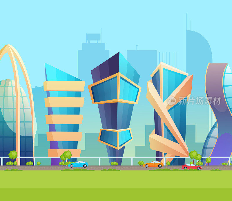 未来大都市城市天际线建筑卡通矢量插图