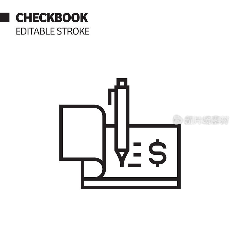 支票簿线图标，轮廓向量符号插图。完美像素，可编辑的描边。