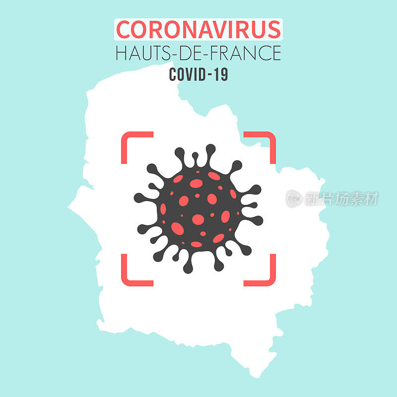 上法国地图，红色取景器中有冠状病毒细胞(COVID-19)