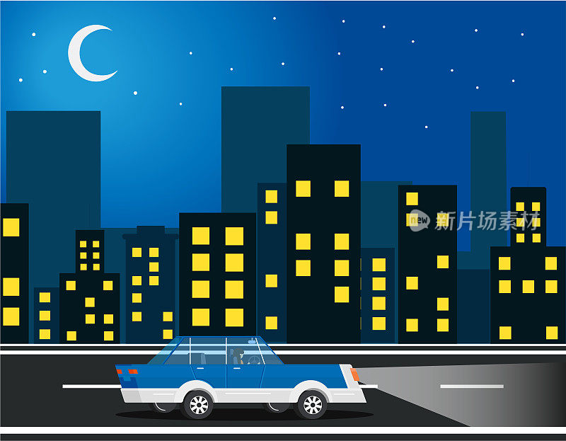 汽车穿过市中心。夜晚的蓝色城市与灯光从窗户和月亮与星星。