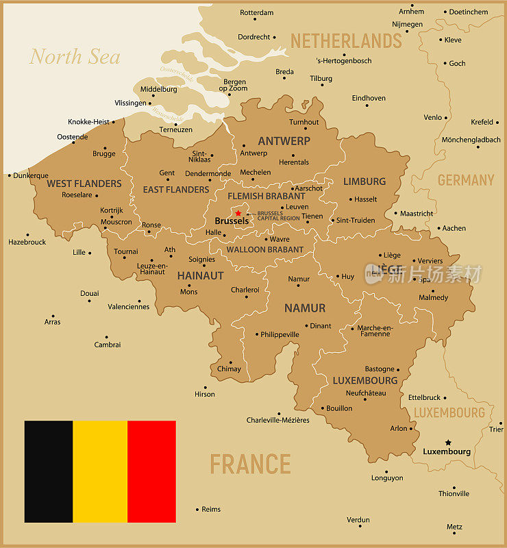 比利时矢量地图。政治黄金地图与地区，地理边界德国，法国，荷兰和卢森堡