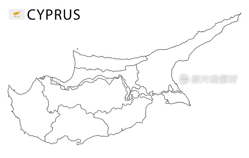 塞浦路斯地图，黑白详细勾勒出该国各地区。