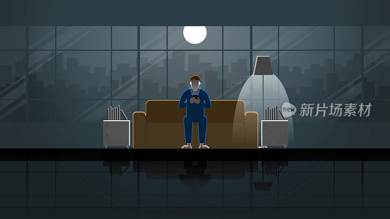 一个男人坐在沙发上，在客厅里使用智能手机。独自在黑暗中，在满月和灯光下。孤独的人，城市的生活方式，放松的工作后。构思插图概念场景。