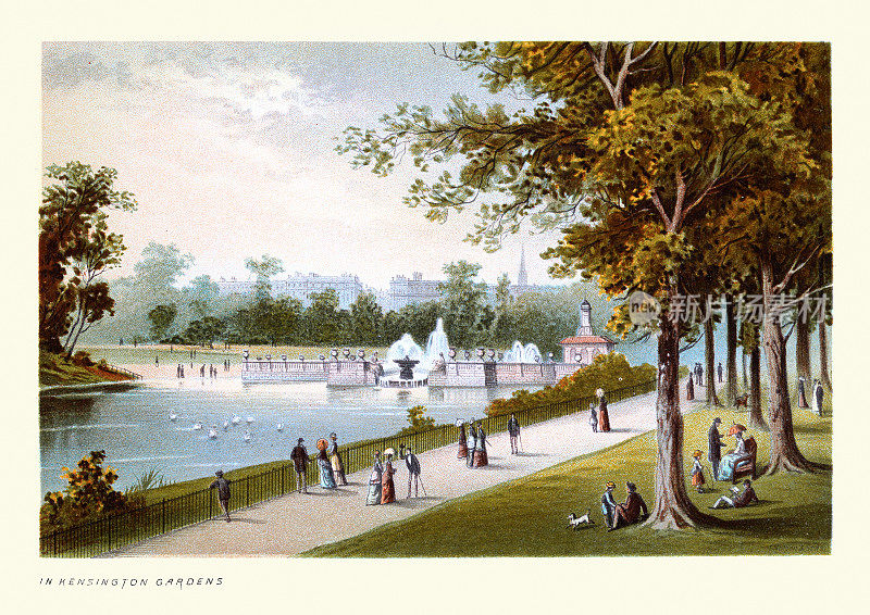 肯辛顿花园，维多利亚伦敦，19世纪艺术版画