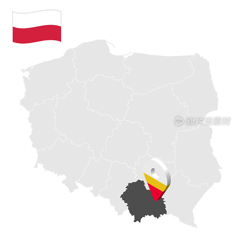 小波兰省在波兰地图上的位置。3d位置标志类似于小波兰的旗帜。质量地图与省份的波兰为您的设计。EPS10。