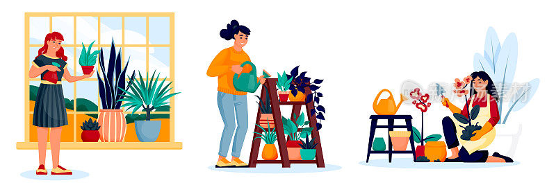 女孩们种植和浇灌花朵，家庭盆栽植物。女性角色设置在白色背景上。矢量图