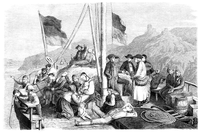 1864年，在莱茵河上乘船前往汉堡或不来梅的移民们前往美国