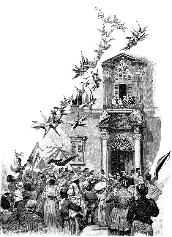 意大利、罗马皇帝威廉二世:站在阳台上，鸽子在飞翔