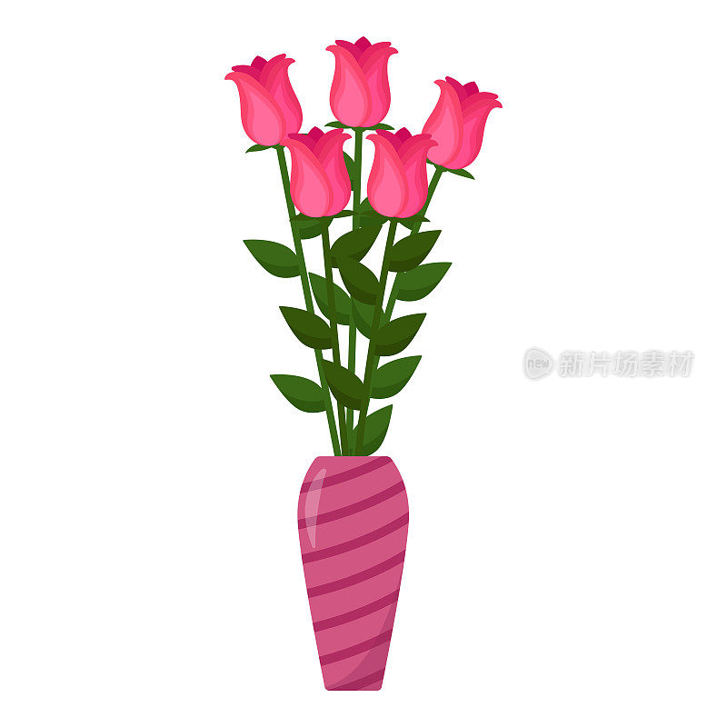 粉红玫瑰花束花瓶，矢量插图
